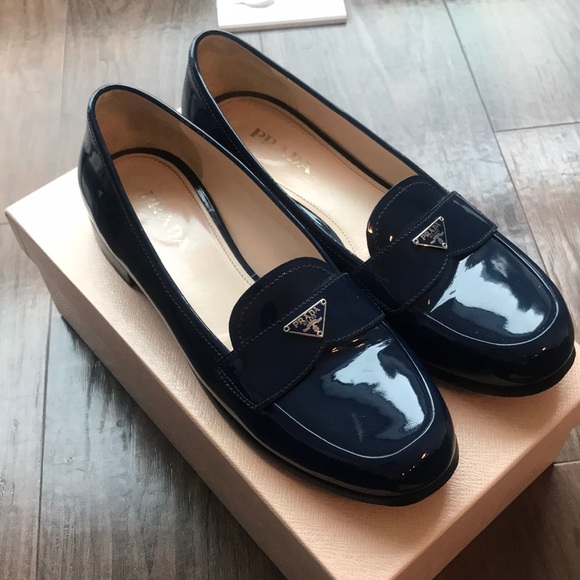 navy blue patent leather loafers